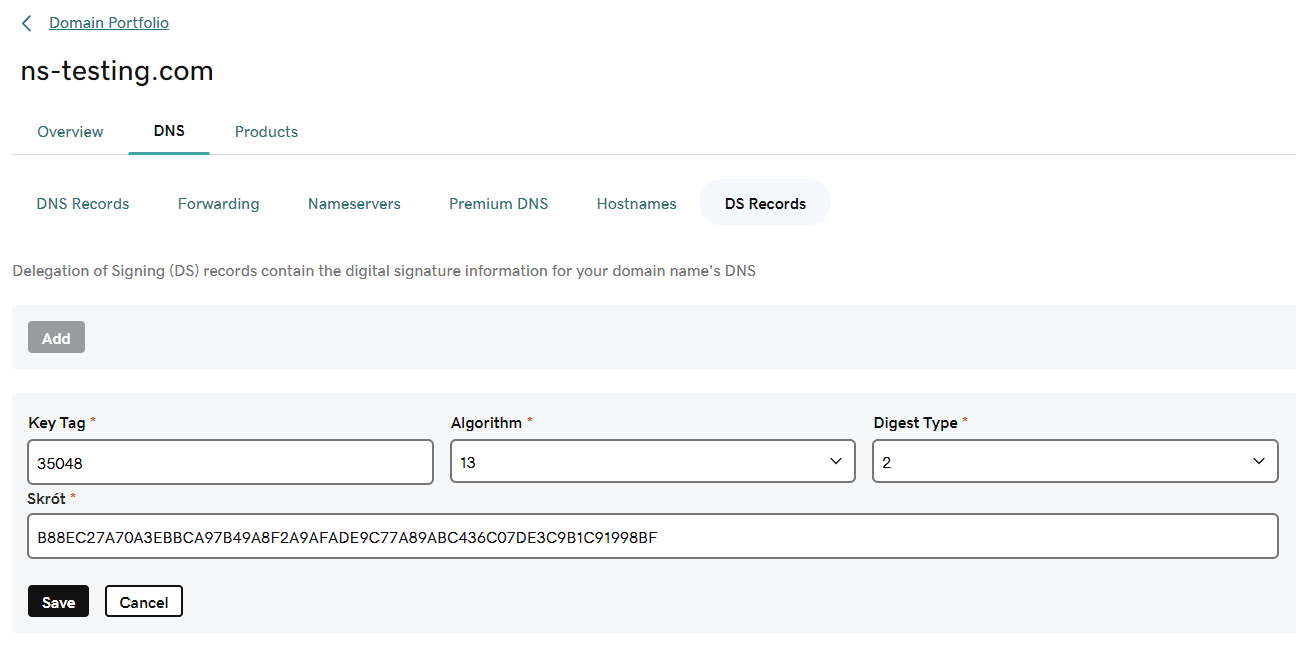 Changing DS record at the parent domain level.