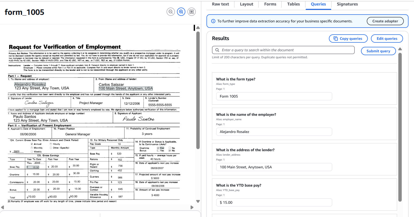 A screenshot from the Amazon Textract console