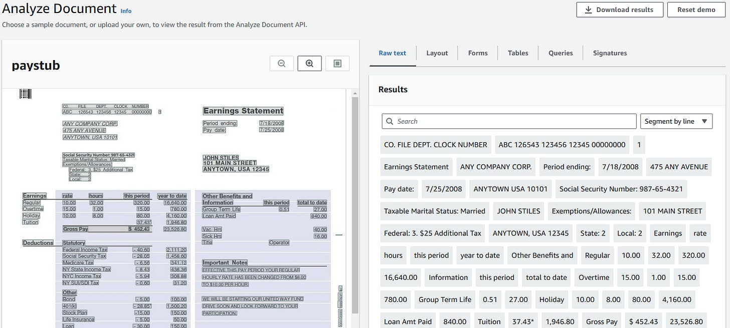 A screenshot from the Amazon Textract console