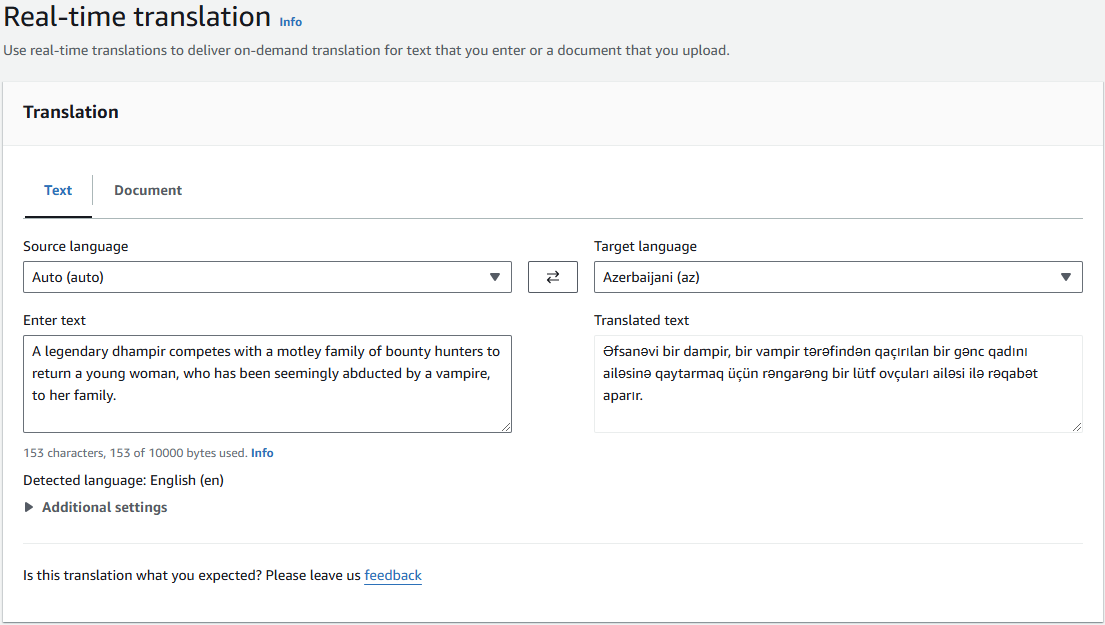 A screenshot of the Amazon Translate Console