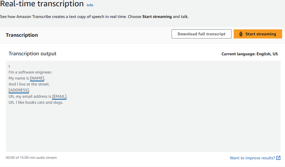 A screenshot of the Amazon Transcribe Console