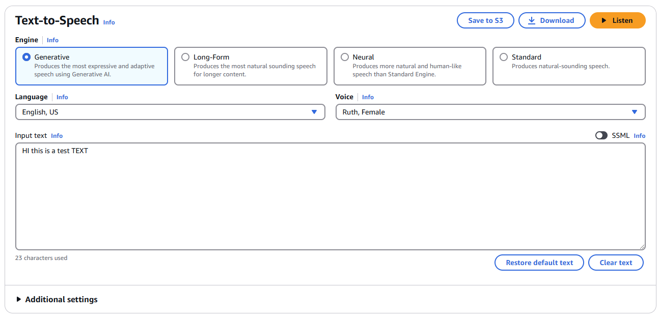 A screenshot of the Amazon Polly console