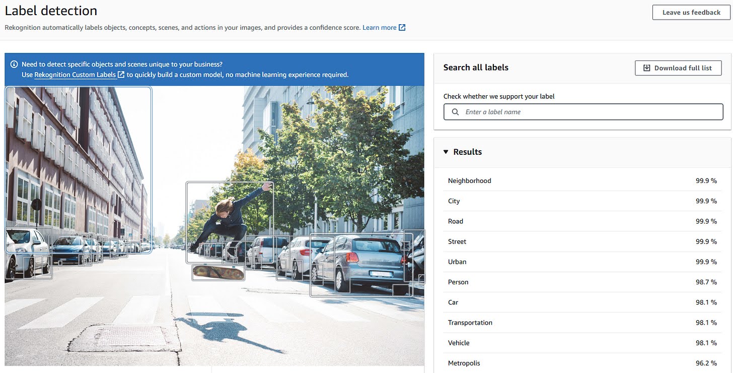 A screenshot of Amazon Rekognition Console
