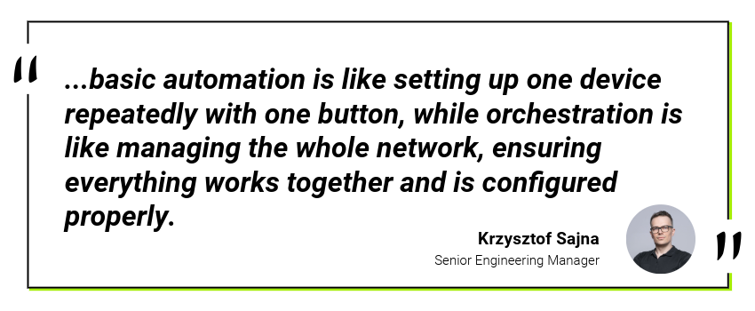 basic automation is like setting up one device repeatedly with one button, while orchestration is like managing the whole network, ensuring everything works together and is configured properly.