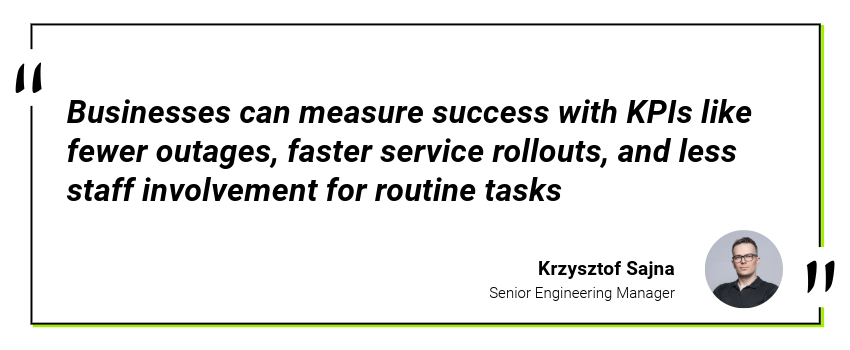 Businesses can measure success with KPIs like reduced service deployment times, fewer network outages, a self-service approach, and less involvement of staff for routine changes.