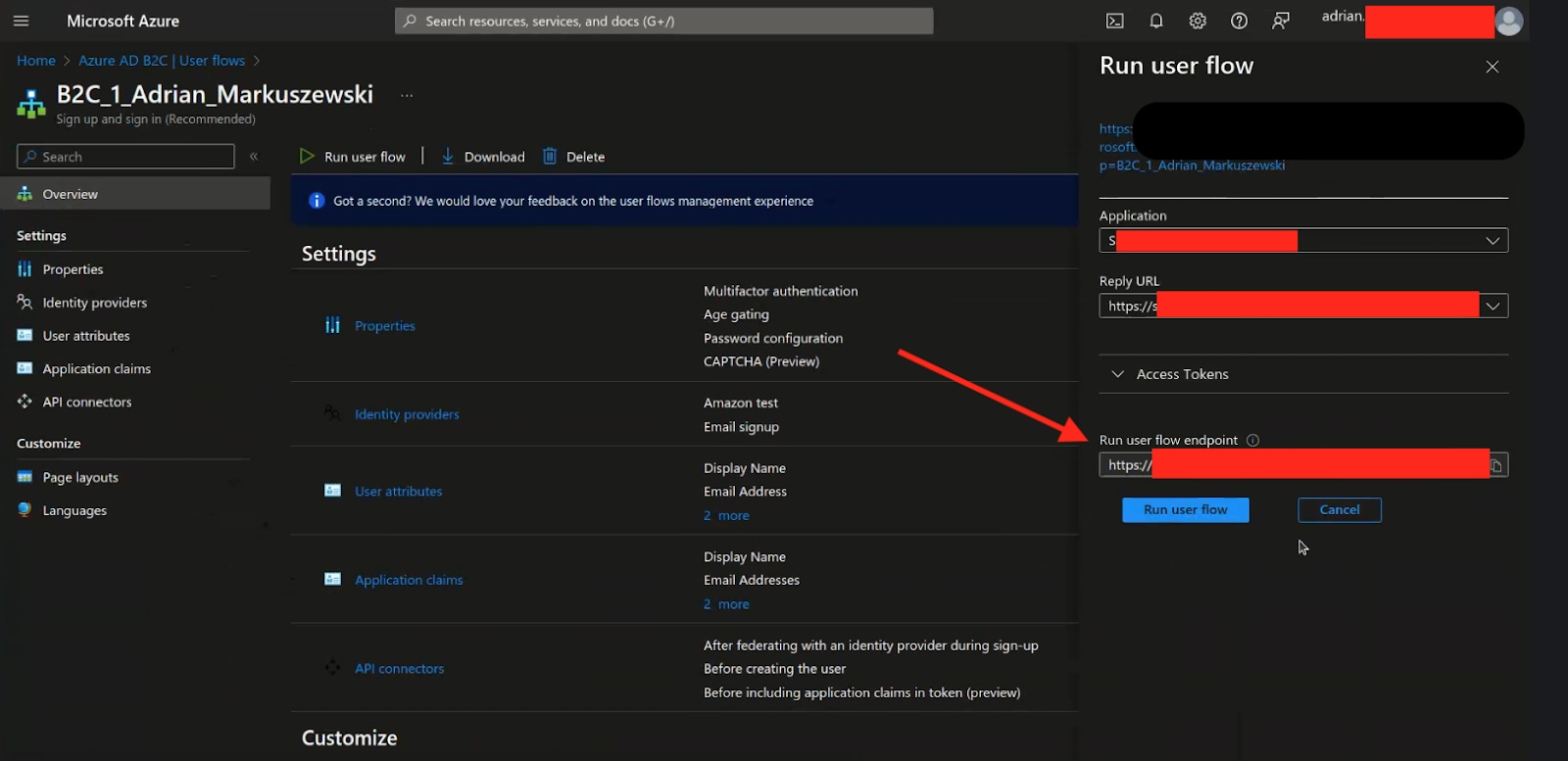 Run user flow endpoint