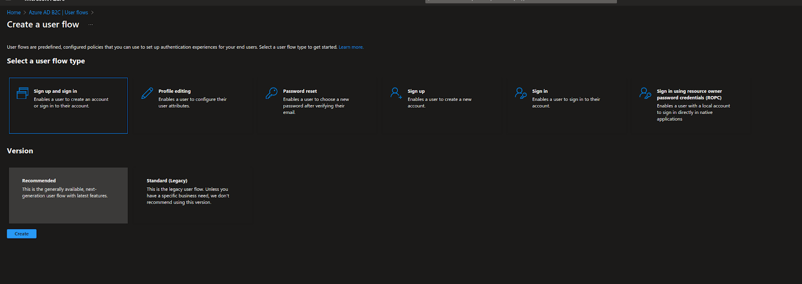 Creating an authorization system - select a user flow type