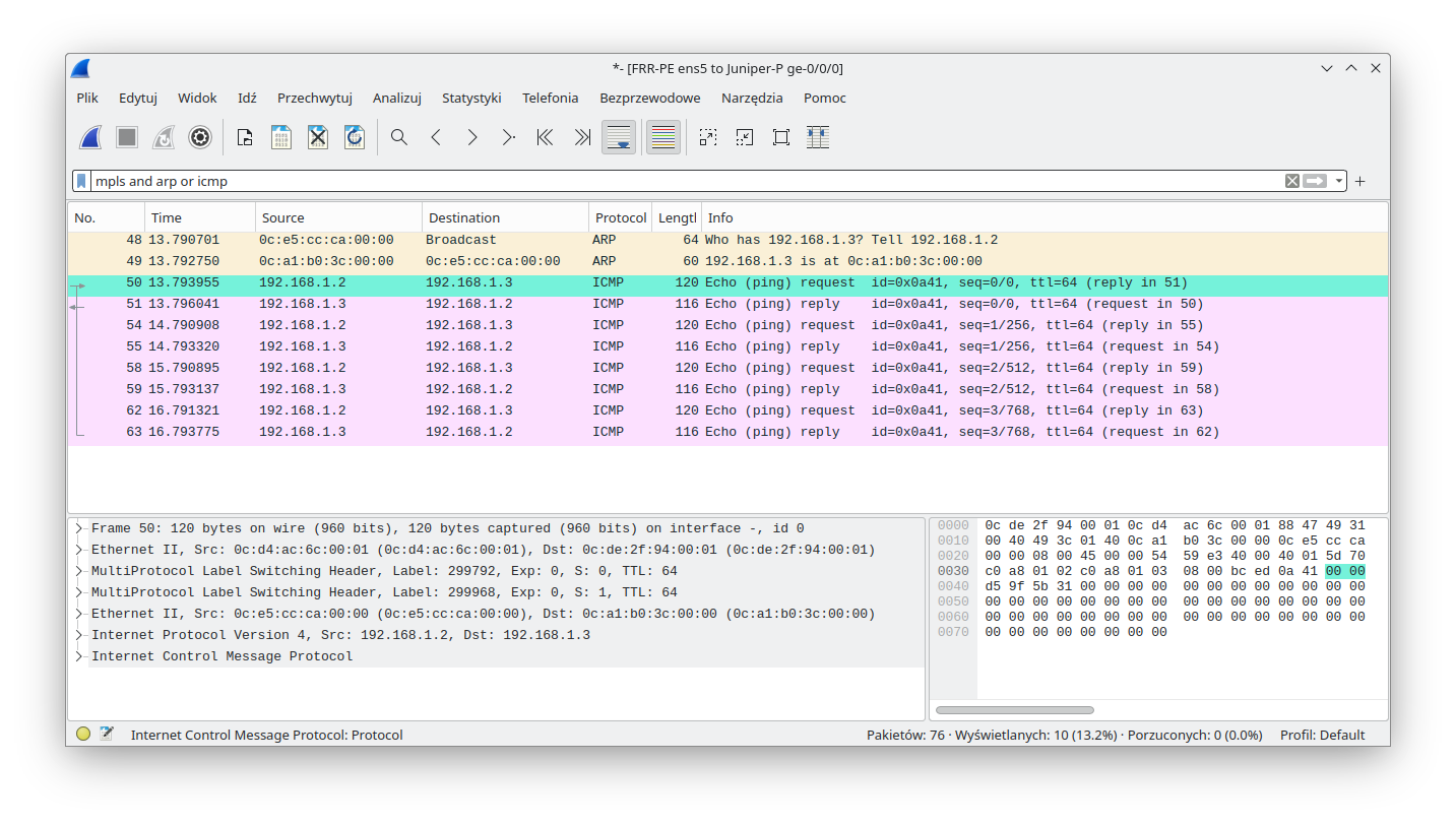 Wireshark capture  in VPWS scenario part 1/2
